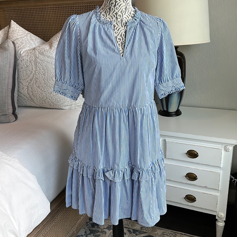 J Crew Tiered Popover Dress in Blue and White Stripes - Picture 2 of 8